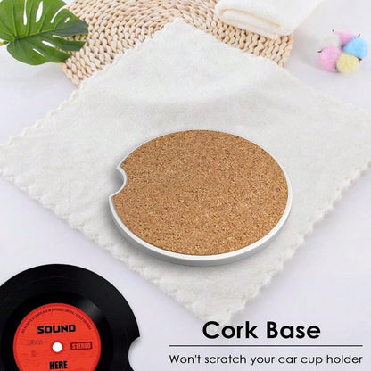 2 Pack Car Coaster Absorbent Ceramic Stone Cork Base Drink Coasters 2.6 Inch Music Retro Disco Nostalgics Auto Accessories Cup Holders For Women Men Car Decor