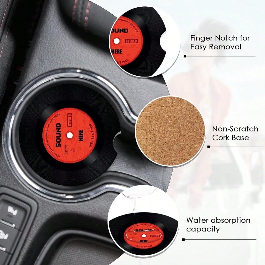 2 Pack Car Coaster Absorbent Ceramic Stone Cork Base Drink Coasters 2.6 Inch Music Retro Disco Nostalgics Auto Accessories Cup Holders For Women Men Car Decor