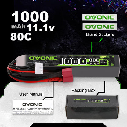 [2-Pack] Ovonic 1000mAh 11.1V 80C 3S LiPo Battery Pack with Deans Connector for Airsoft AEG Rifles