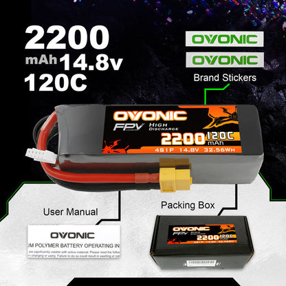 2-Pack Ovonic 120C 4S 2200mAh 14.8V High-Rate LiPo Battery with XT60 Connector for RC FPV Racing Drone/Heli/Car