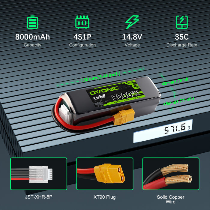 2-Pack OVONIC 14.8V 8000mAh 35C 4S Softcase LiPo Battery Pack with XT90 Connector for Large-Scale RC Vehicles, Boats, and Fixed-Wing Aircraft