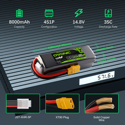 2-Pack OVONIC 14.8V 8000mAh 35C 4S Softcase LiPo Battery Pack with XT90 Connector for Large-Scale RC Vehicles, Boats, and Fixed-Wing Aircraft