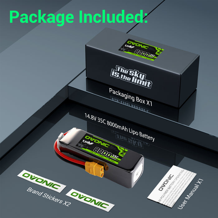 2-Pack OVONIC 14.8V 8000mAh 35C 4S Softcase LiPo Battery Pack with XT90 Connector for Large-Scale RC Vehicles, Boats, and Fixed-Wing Aircraft