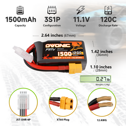 [2-Pack] Ovonic 1500mAh 11.1V 120C 3S LiPo Battery Pack with XT60 Connector for FPV Racing Drones and Quads