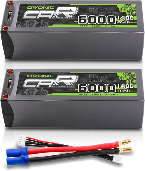 2-Pack OVONIC 15.2V 6000mAh 140C 4S LiHV Hardcase LiPo Battery Pack with 5mm Bullet to EC5 Plug for 1/5 Scale RC Cars, Drag Racing & 8S Rigs