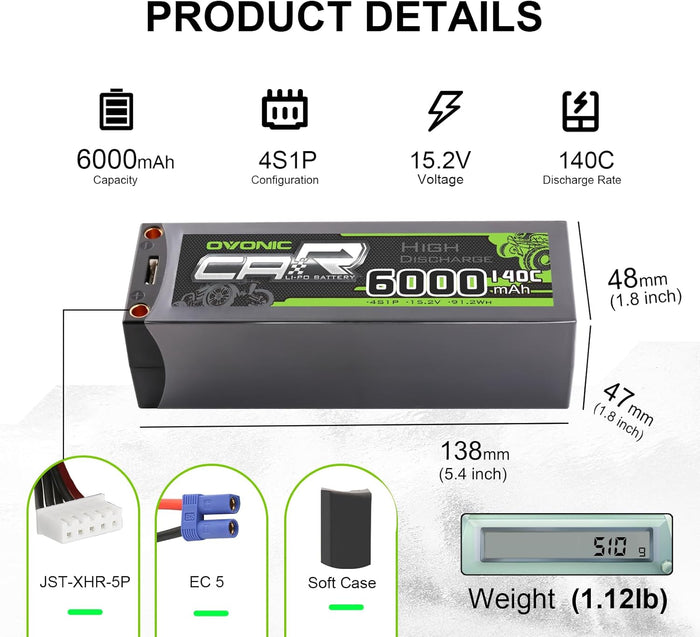 2-Pack OVONIC 15.2V 6000mAh 140C 4S LiHV Hardcase LiPo Battery Pack with 5mm Bullet to EC5 Plug for 1/5 Scale RC Cars, Drag Racing & 8S Rigs