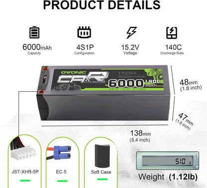 2-Pack OVONIC 15.2V 6000mAh 140C 4S LiHV Hardcase LiPo Battery Pack with 5mm Bullet to EC5 Plug for 1/5 Scale RC Cars, Drag Racing & 8S Rigs