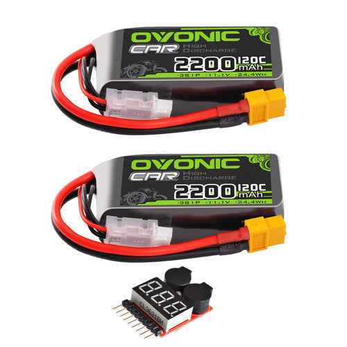 2 Pack Ovonic 2200mAh 11.1V 120C 3S Shorty LiPo Battery Pack with XT60 Plug for FPV Drones, RC Airplanes, and Compact Vehicles