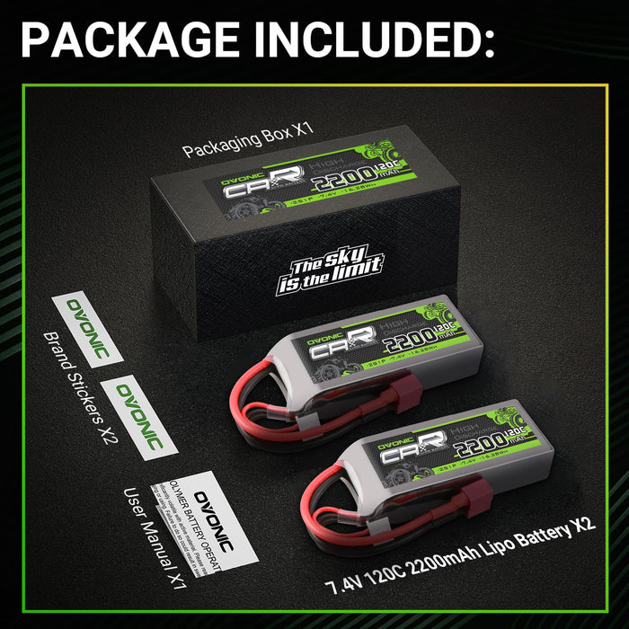 [2-Pack] Ovonic 2200mAh 7.4V 120C 2S LiPo Battery Pack with Deans T Connector for RC Cars, Trucks, and Boats