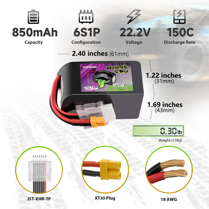 2 Pack OVONIC 22.2V 150C 850mAh 6S LiPo Battery with XT30 Plug for 90-180mm Brushless FPV Drones Cinelog & Protek25