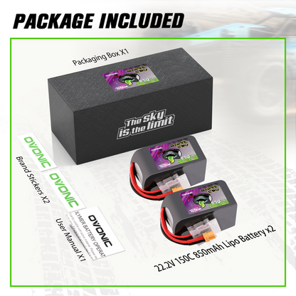 2 Pack OVONIC 22.2V 150C 850mAh 6S LiPo Battery with XT30 Plug for 90-180mm Brushless FPV Drones Cinelog & Protek25