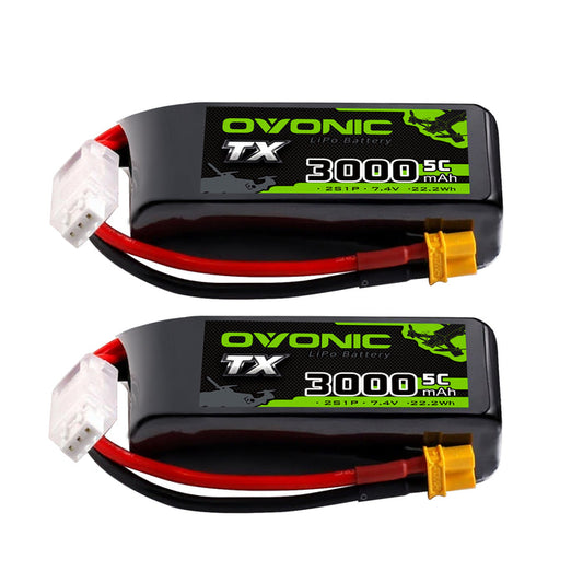 2-Pack Ovonic 2S 3000mAh 5C 7.4V LiPo Battery w/XT30 Plug for RC Transmitters and Receivers