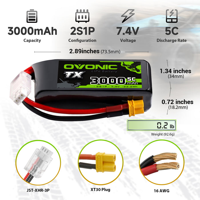 2-Pack Ovonic 2S 3000mAh 5C 7.4V LiPo Battery w/XT30 Plug for RC Transmitters and Receivers