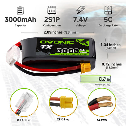 2-Pack Ovonic 2S 3000mAh 5C 7.4V LiPo Battery w/XT30 Plug for RC Transmitters and Receivers