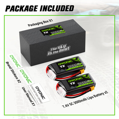 2-Pack Ovonic 2S 3000mAh 5C 7.4V LiPo Battery w/XT30 Plug for RC Transmitters and Receivers