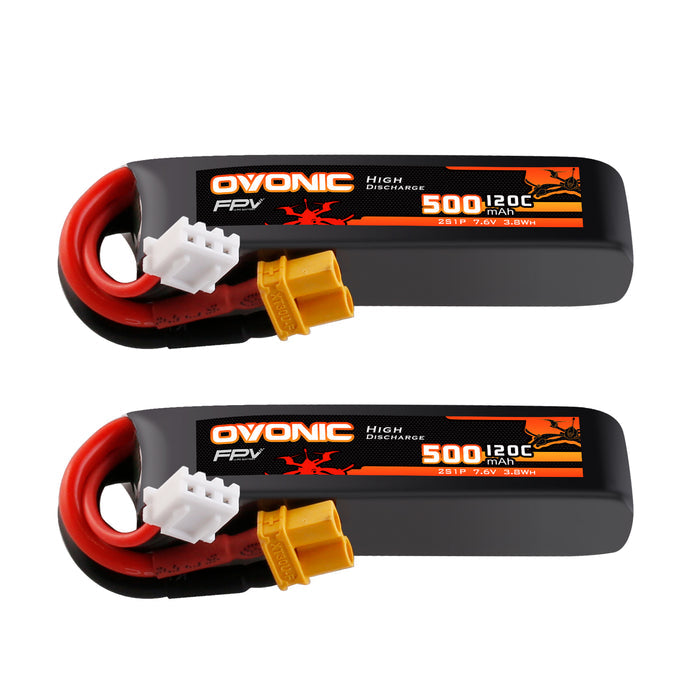2-Pack Ovonic 2S 500mAh 120C 7.6V LiHV Battery w/XT30 Plug