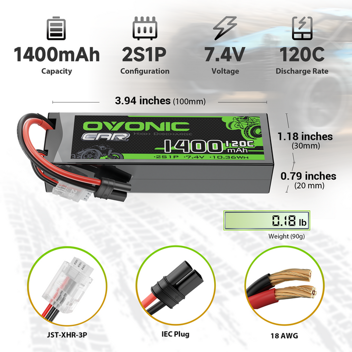 OVONIC 2S 1400mAh 120C 7.4V Lipo Battery with IEC Plug