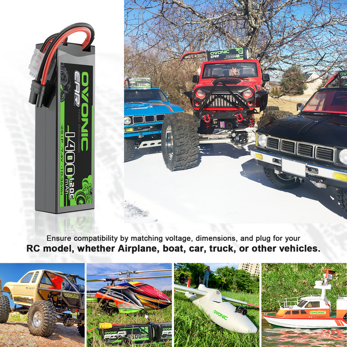 2-Pack Ovonic 2S 7.4V 1400mAh 120C LiPo Battery with IEC Plug for 1/16 1/18 RC Car & Boat
