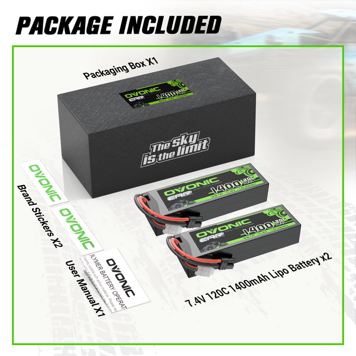 2-Pack Ovonic 2S 7.4V 1400mAh 120C LiPo Battery with IEC Plug for 1/16 1/18 RC Car & Boat