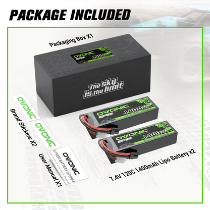 2-Pack Ovonic 2S 7.4V 1400mAh 120C LiPo Battery with IEC Plug for 1/16 1/18 RC Car & Boat
