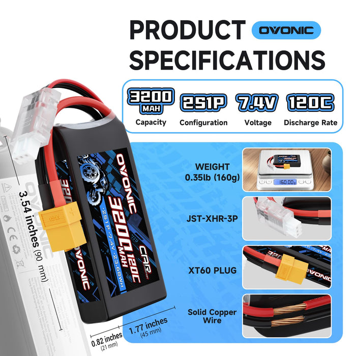 2 Pack Ovonic 3200mAh 7.4V 120C 2S LiPo Battery Pack with XT60-EC3 Multi-Plug Connector for RC Cars, Trucks, and Boats