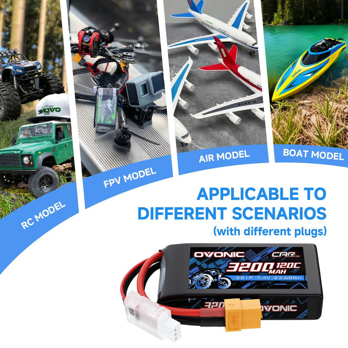 2 Pack Ovonic 3200mAh 7.4V 120C 2S LiPo Battery Pack with XT60-EC3 Multi-Plug Connector for RC Cars, Trucks, and Boats
