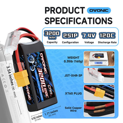 2 Pack Ovonic 3200mAh 7.4V 120C 2S LiPo Battery Pack with XT60-TRA Multi-Plug Connector for Traxxas and Standard RC Vehicles