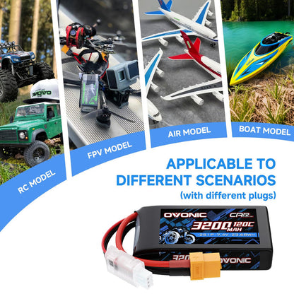 2 Pack Ovonic 3200mAh 7.4V 120C 2S LiPo Battery Pack with XT60-TRA Multi-Plug Connector for Traxxas and Standard RC Vehicles