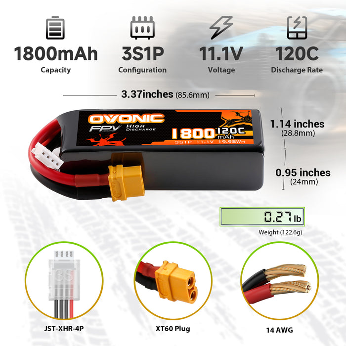2-Pack Ovonic 3S 11.1V 1800mAh 120C LiPo Battery with XT60 Plug for RC Airplane & Heli