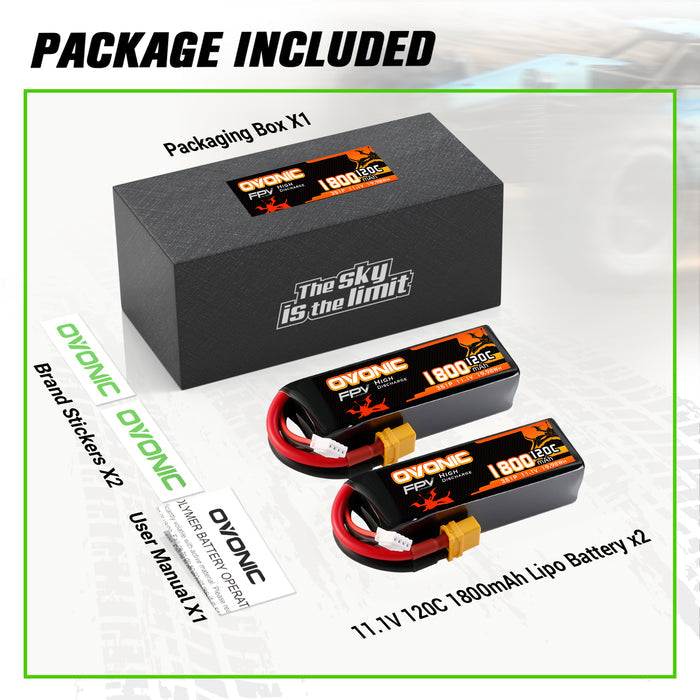 2-Pack Ovonic 3S 11.1V 1800mAh 120C LiPo Battery with XT60 Plug for RC Airplane & Heli