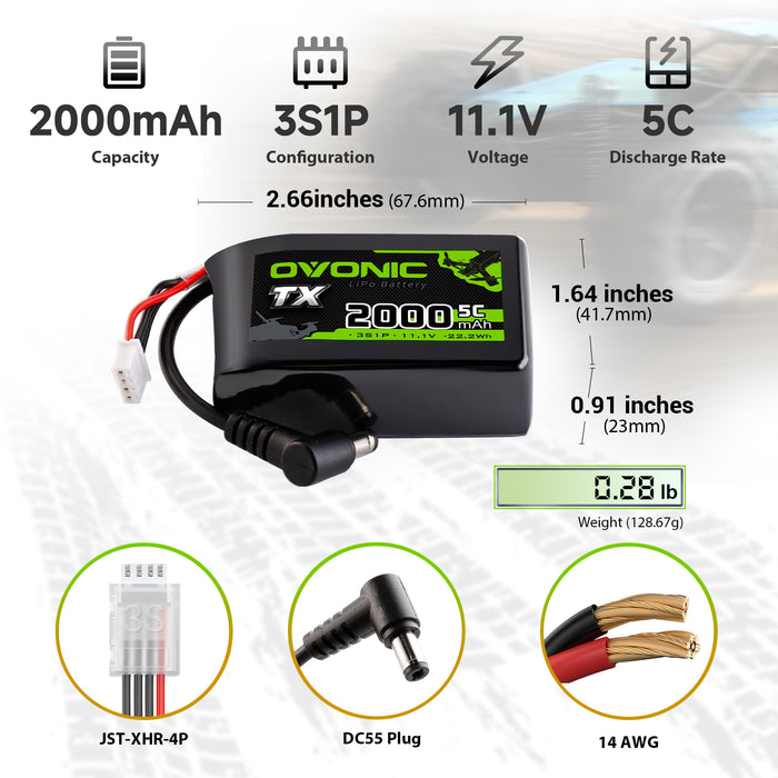 2-Pack Ovonic 3S 2000mAh 5C 11.1V LiPo Battery w/DC55 Plug for RC Transmitters and Receivers
