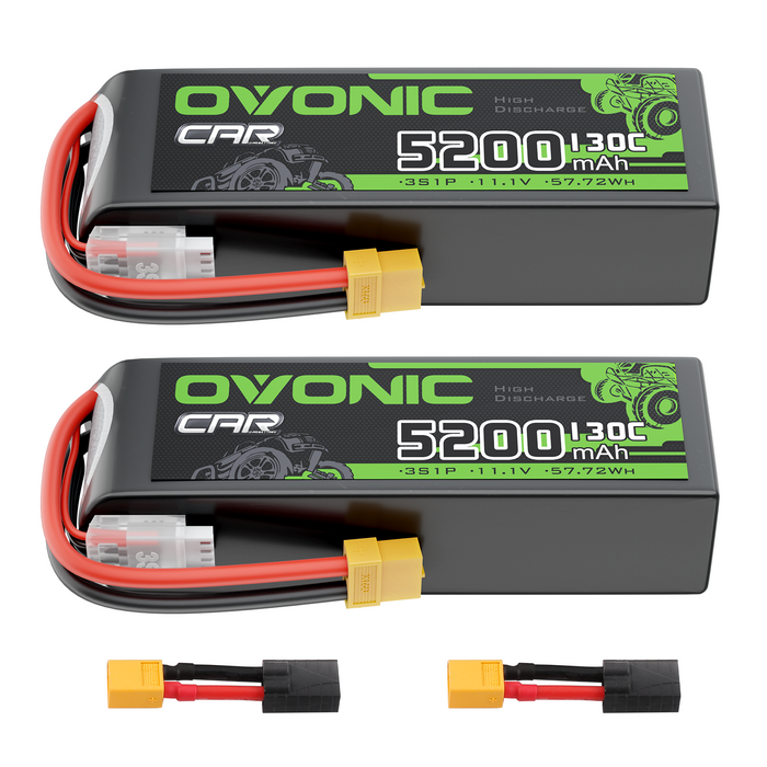 2 Pack Ovonic 3S 5200mAh 130C LiPo Battery with XT60 to TRA Plug for 1/10 RC Slash Rustler Stampede