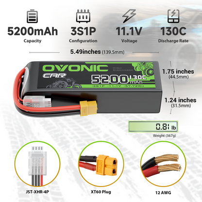 2 Pack Ovonic 3S 5200mAh 130C LiPo Battery with XT60 to TRA Plug for 1/10 RC Slash Rustler Stampede