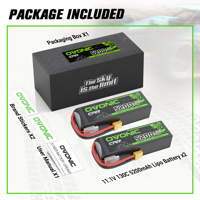 2 Pack Ovonic 3S 5200mAh 130C LiPo Battery with XT60 to TRA Plug for 1/10 RC Slash Rustler Stampede