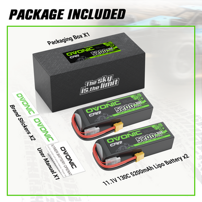 2 Pack Ovonic 3S 5200mAh 130C LiPo Battery with XT60 to TRA Plug for 1/10 RC Slash Rustler Stampede