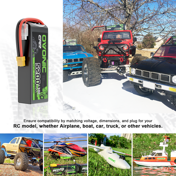 2 Pack Ovonic 3S 5200mAh 130C LiPo Battery with XT60 to TRA Plug for 1/10 RC Slash Rustler Stampede
