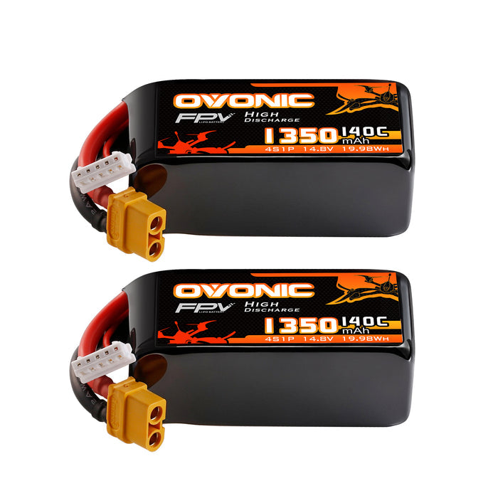 2-Pack Ovonic 4S 14.8V 1350mAh 140C LiPo Battery with XT60 Plug for 180mm-250mm FPV Drone