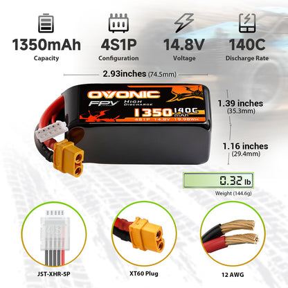 2-Pack Ovonic 4S 14.8V 1350mAh 140C LiPo Battery with XT60 Plug for 180mm-250mm FPV Drone