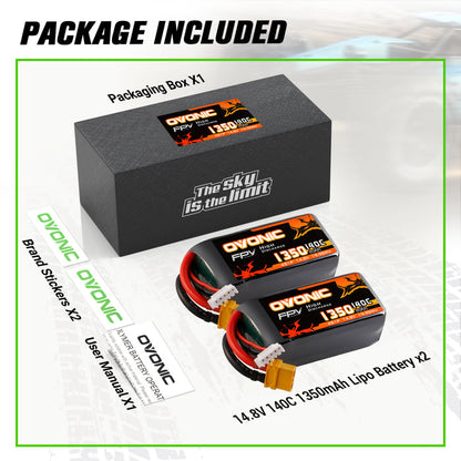 2-Pack Ovonic 4S 14.8V 1350mAh 140C LiPo Battery with XT60 Plug for 180mm-250mm FPV Drone