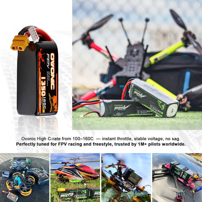 2-Pack Ovonic 4S 14.8V 1350mAh 140C LiPo Battery with XT60 Plug for 180mm-250mm FPV Drone