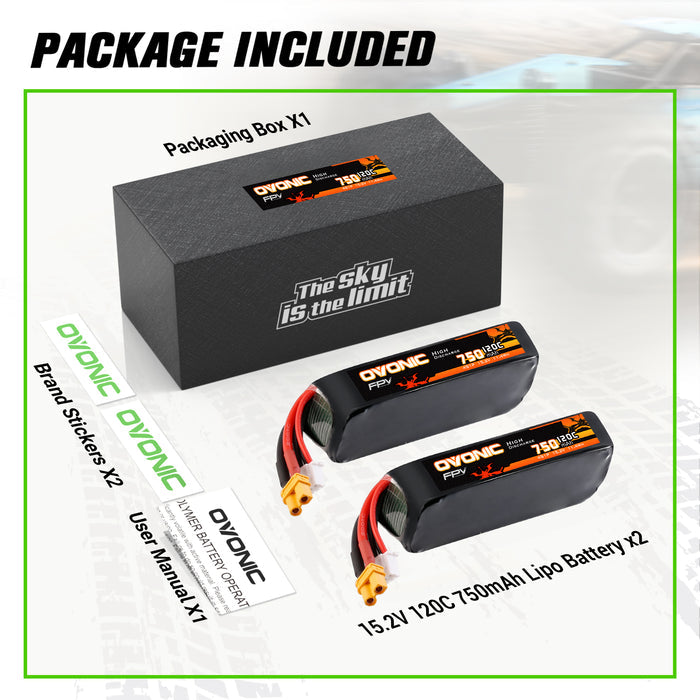 2-Pack Ovonic 4S 750mAh 120C 15.2V LiHV Battery w/XT30 Plug