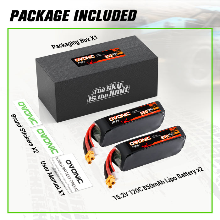 2-Pack Ovonic 4S 850mAh 120C 15.2V LiHV Battery w/XT30 Plug
