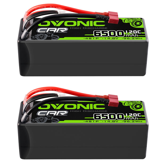 2-Pack OVONIC 4S LiPo Battery 6500mAh 120C 14.8V with Deans to TRA Adapter for 1/8 Scale RC Cars, Trucks & Truggies