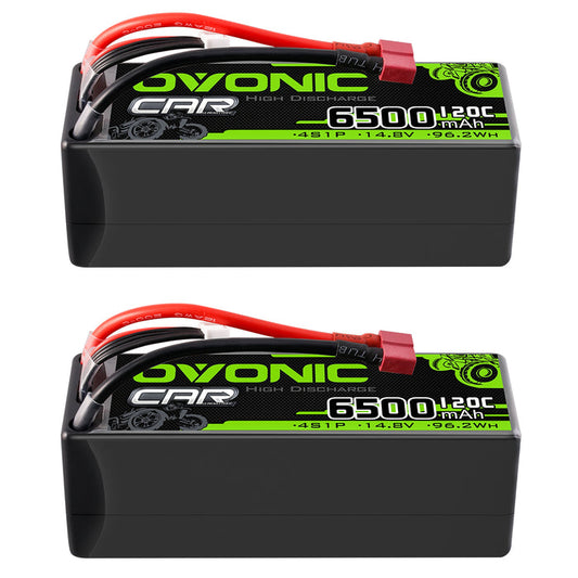2-Pack OVONIC 4S LiPo Battery 6500mAh 120C 14.8V with Deans to TRA Adapter for 1/8 Scale RC Cars, Trucks & Truggies