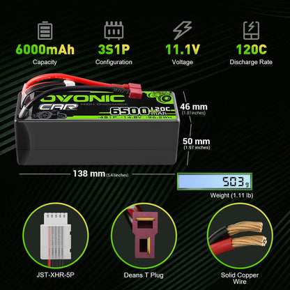 2-Pack OVONIC 4S LiPo Battery 6500mAh 120C 14.8V with Deans to TRA Adapter for 1/8 Scale RC Cars, Trucks & Truggies