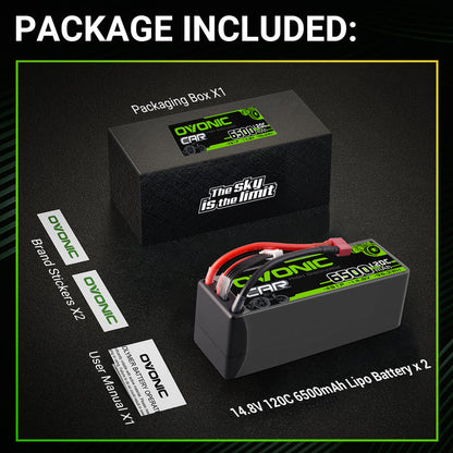 2-Pack OVONIC 4S LiPo Battery 6500mAh 120C 14.8V with Deans to TRA Adapter for 1/8 Scale RC Cars, Trucks & Truggies