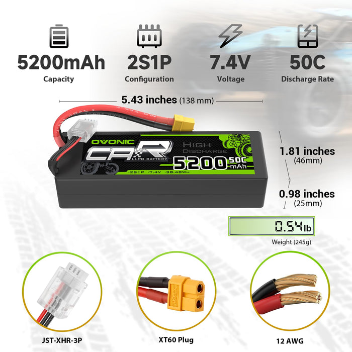 2 Pack Ovonic 5200mAh 7.4V 50C 2S Hardcase LiPo Battery Pack with XT60 Plug for 1/10 Scale RC Cars and Trucks