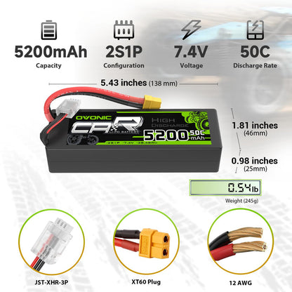 2 Pack Ovonic 5200mAh 7.4V 50C 2S Hardcase LiPo Battery Pack with XT60 Plug for 1/10 Scale RC Cars and Trucks