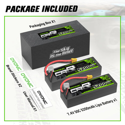 2 Pack Ovonic 5200mAh 7.4V 50C 2S Hardcase LiPo Battery Pack with XT60 Plug for 1/10 Scale RC Cars and Trucks