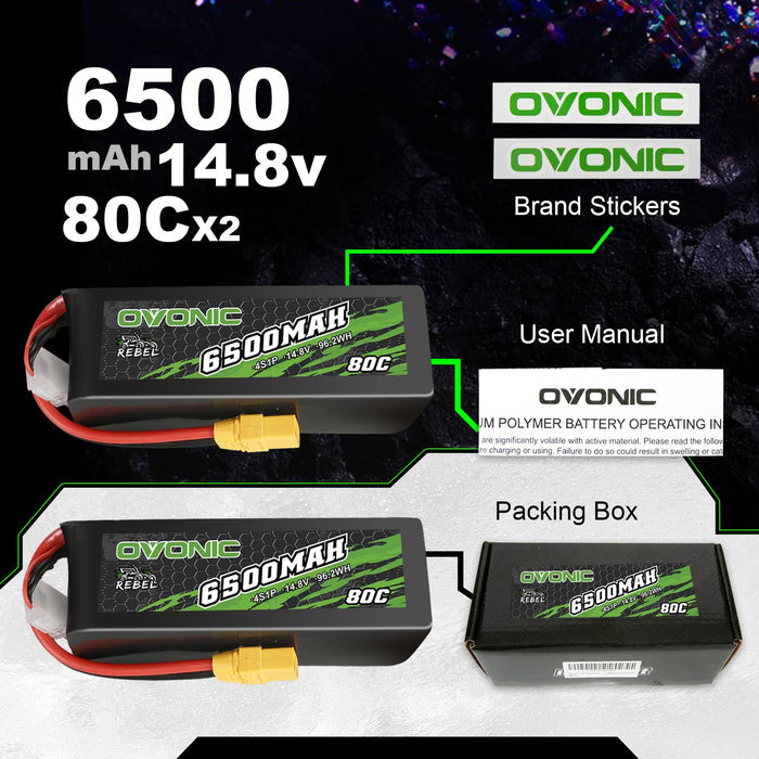 2 Pack Ovonic 6500mAh 14.8V 80C 4S Softcase LiPo Battery Pack with XT90 Plug for 1/8 Scale RC Cars, Heavy-Lift Drones, and Large Aircraft